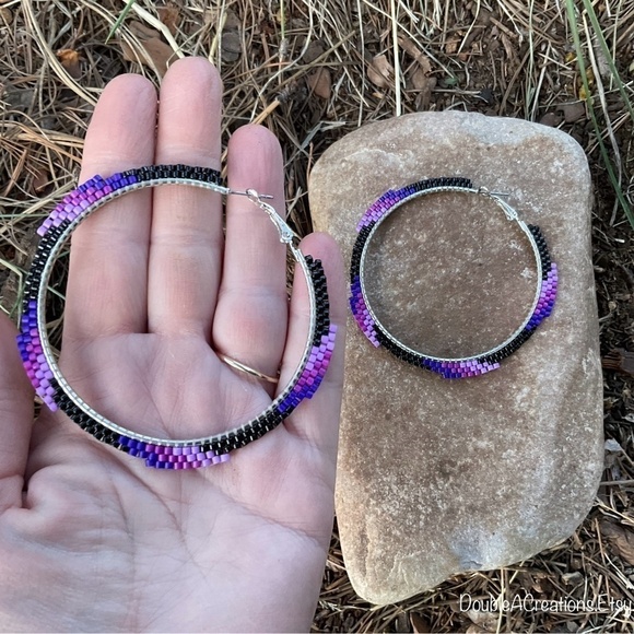 Purple Wave Beaded Hoops, New, Handmade by Me - Picture 3 of 8